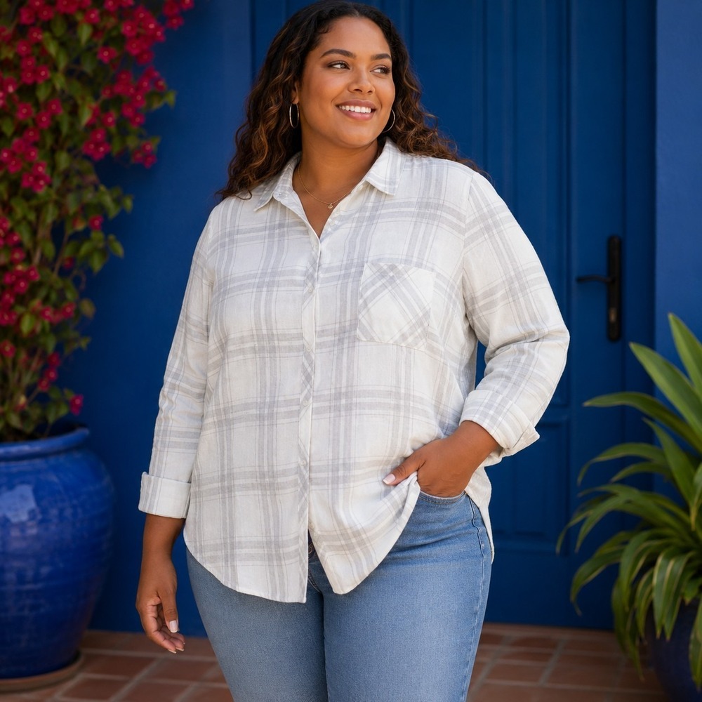 Well Worn Women's 2X Plus Plaid Shirt Shacket Coastal Chic Casual Soft Girl NWT